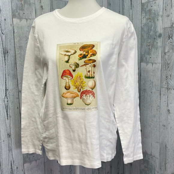 Hand Printed Upcycled Womens XL Vintage Reference Book Mushroom Fungi Long Tee - Picture 1 of 5